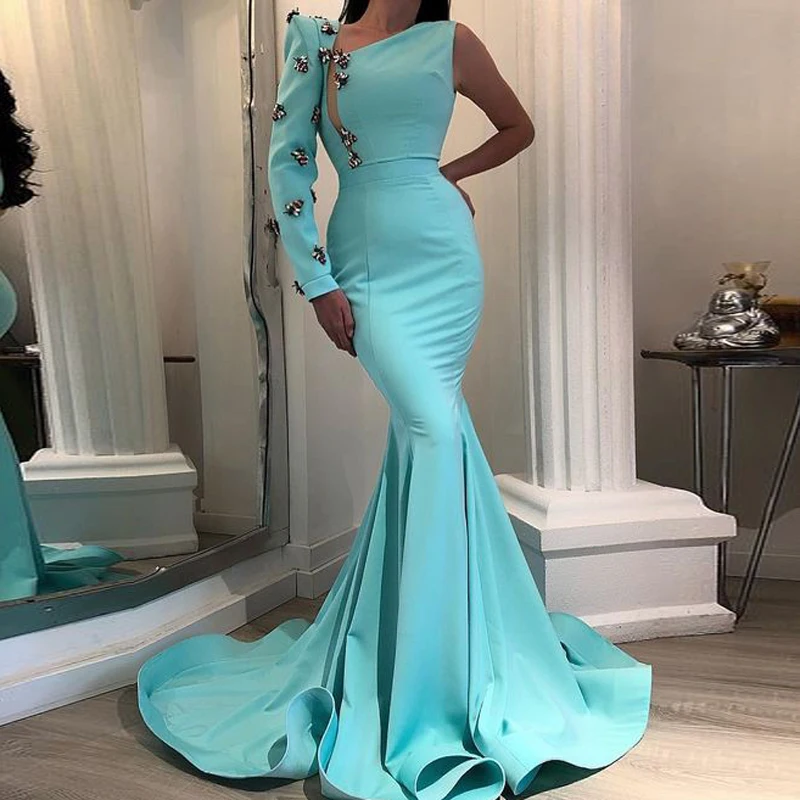 Мятное вечернее платье Русалочки на одно плечо с длинными рукавами недорогое для
