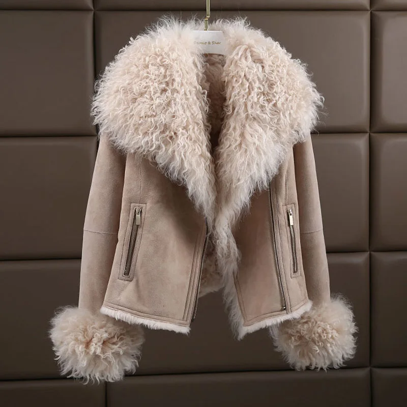 

Новые роскошные 2021 женская зимняя натуральным мехом ягненка на овечьем меху; Из овечьей шерсти зимняя куртка теплые узкие модные натуральн...