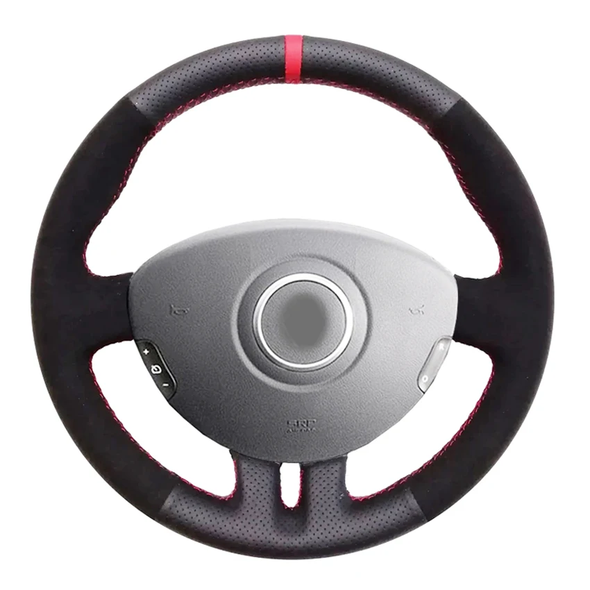 

Black Suede Faux Leather Red Marker Hand-stitched Car Steering Wheel Cover for Renault Clio 3 2005-2013 Clio 3 RS 2005-2013