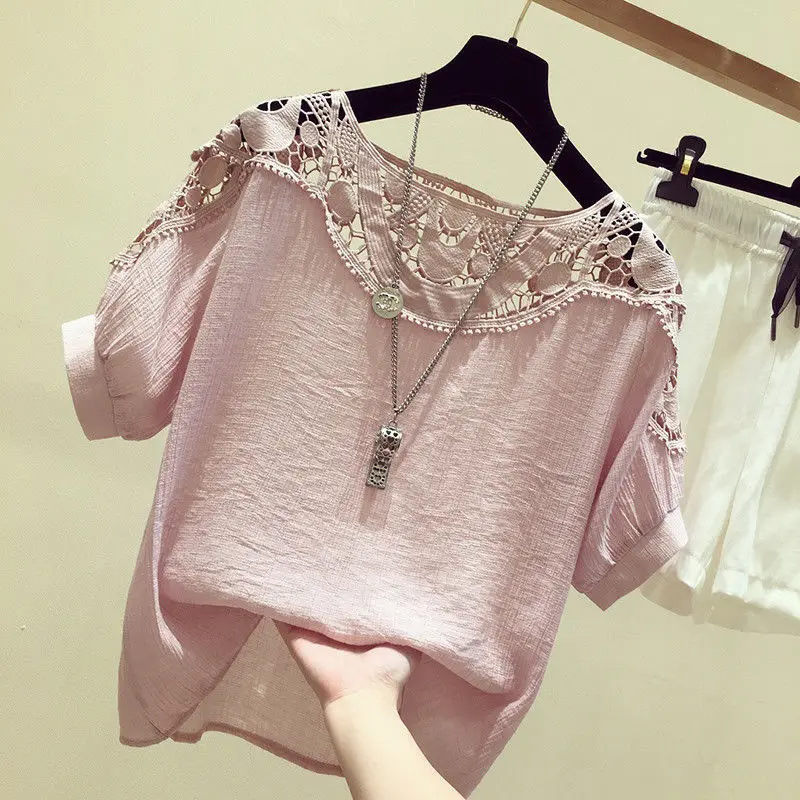 

Chiffon short-sleeved women's summer dress 2021 new sweet baby shirt loose hook flower hollow lace top