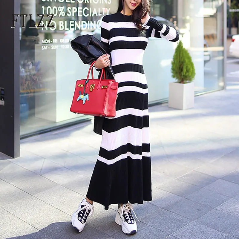 Новинка 2019 осенне зимнее повседневное черно белое Макси платье в полоску женское