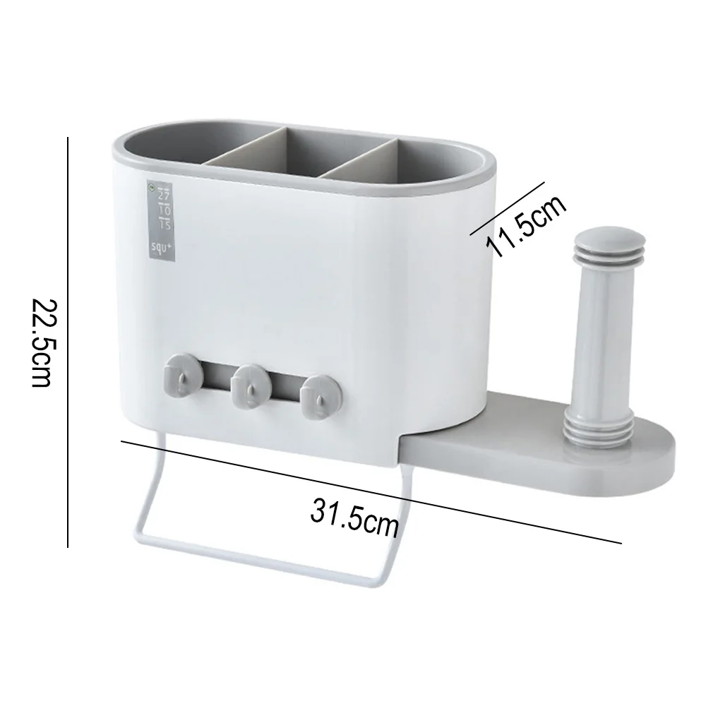 

Multi-Function Wall Hanging Storage Rack 3-Compartment Chopsticks Cage Pole Kitchen Utensils Storage Paper Towel Rack With Hook