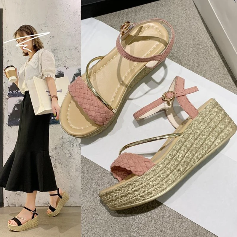 

Summer Women's Sandals Wedge Platform Ladies Shoes Weaving Ankle Buckle Strap Female Peep Toe Footwear Comfort Plus Size Woman