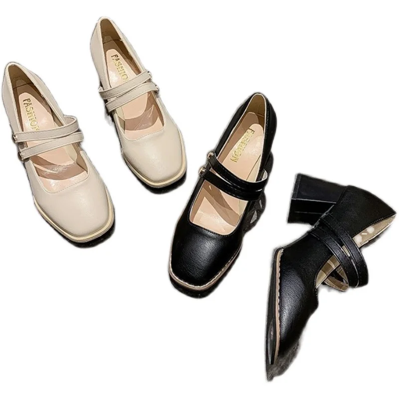 

Mary Jane shoes square toe retro shallow mouth all-match high heels Korean style elegant temperament women's single shoes