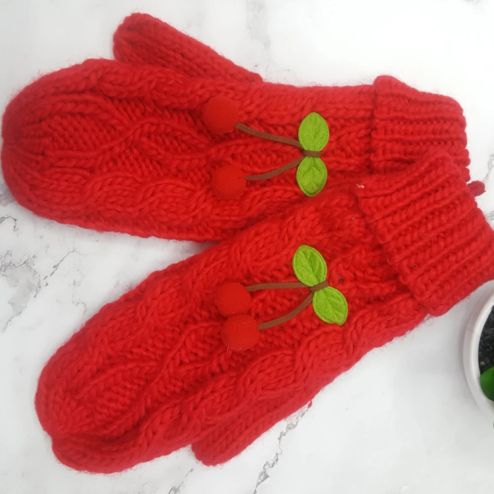 

Fashion Solid Color Gloves Winter Outdoor Lovely Cherry Knitted Halter Gloves Soft Thick Warm Adult Women Mittens Kawaii Gloves