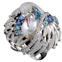 classic trendy womens luxury white swan ring micro inlaid zircon simulated pearl silver color crystal wing fashion jewelry