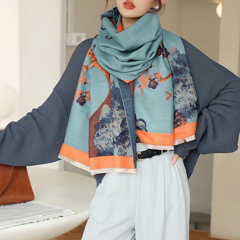 Зимний женский шарф с принтом, толстое кашемировое одеяло, бренд 180*65 см, теплая шаль накидка Hijab Bufanda с кисточкой, Пашмина Echarpe