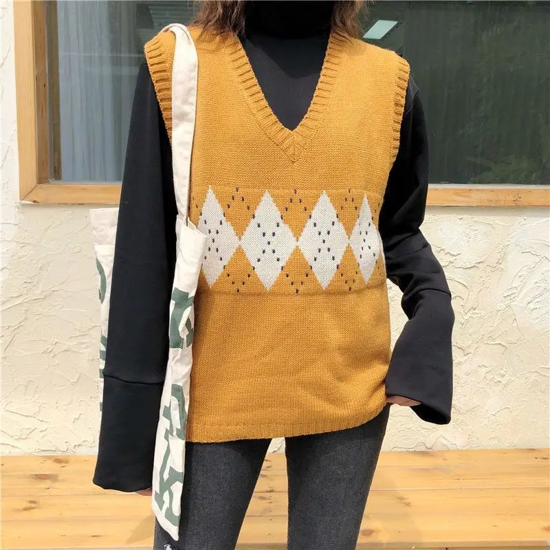 

Women Sweater Vest Autumn 2020 Korean Style Vintage Geometric Argyle V Neck Sleeveless Pullover Knitted Jumper Tank Tops T360