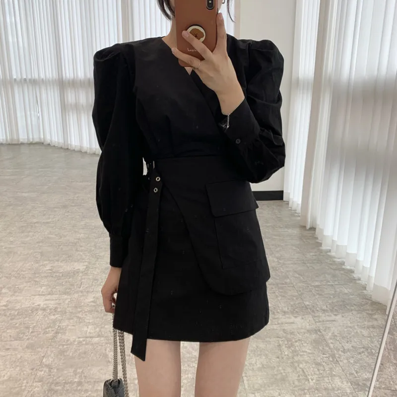 

PLAMTEE 2022 New Autumn Women Dresses V-Neck Puff Sleeves Solid Color Fashion Classic Casual All-Match High-Quality Thin