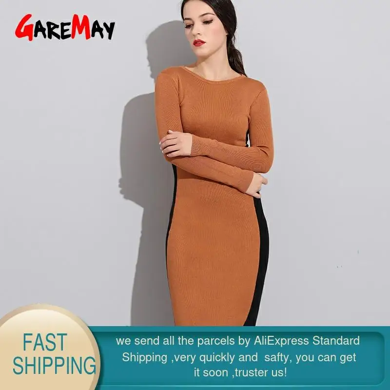 Женское трикотажное офисное платье Garemay элегантное осенне зимнее теплое