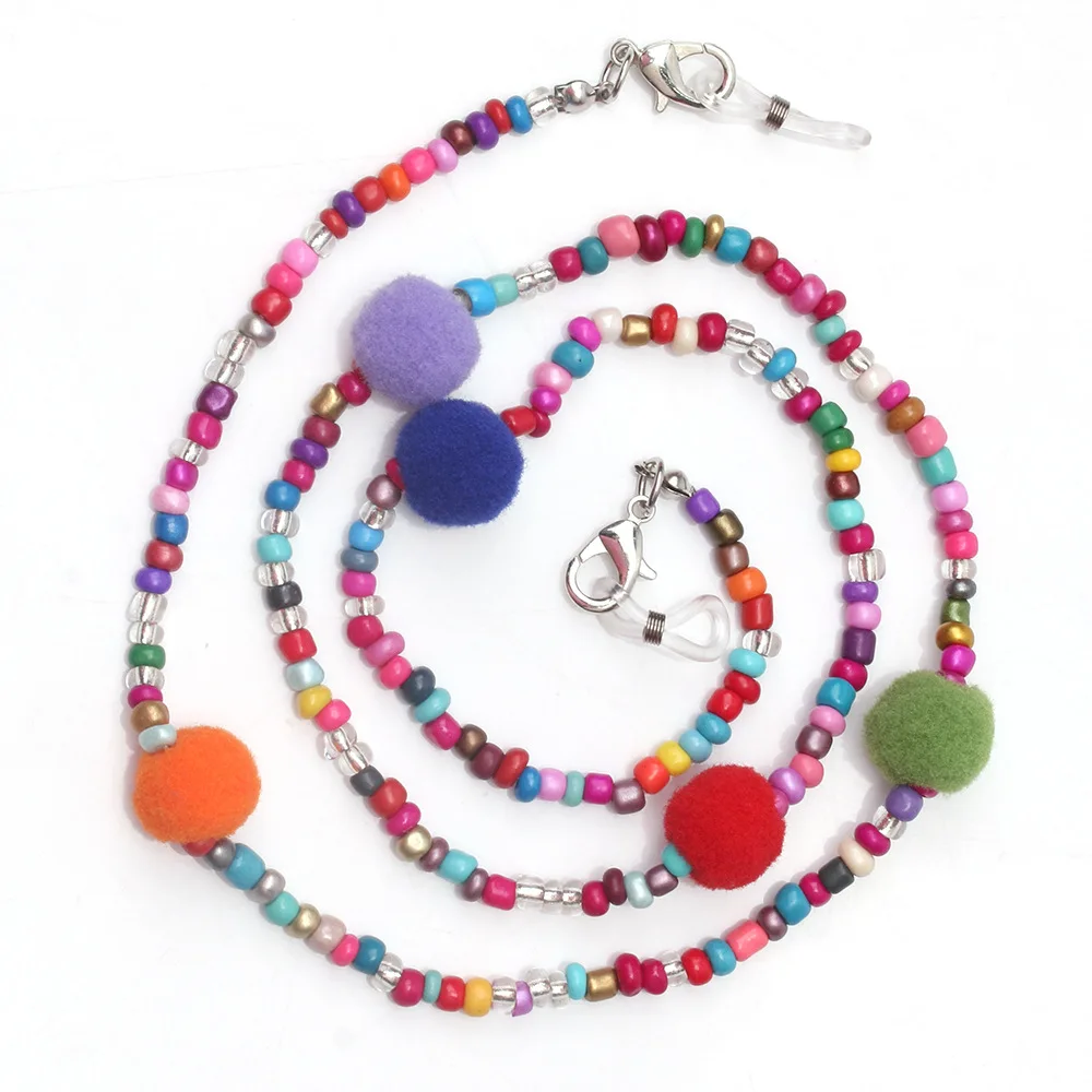 

2020 Multi-Color Rice Beads Cute Pompon Ball Mask Chain Anti-Skid Rope Adjustable Neck Chain Eyeglasses Chain mask lanyard