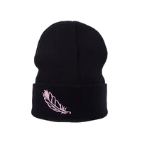 new simple autumn winter knitted unisex feather pattern embroidery street trend artistic casual warm skull bonnets beanies hats