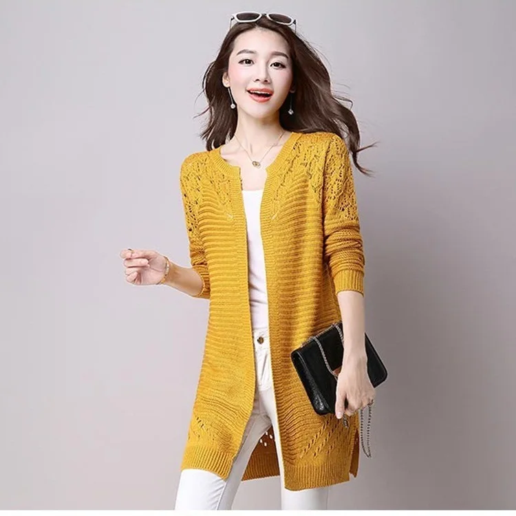 Women Hollow-Out Cardigans Knitted Sweater Long Sleeve Solid Color Slim Coat Casual Loose O-Neck Elegant Patchwork Sweaters |