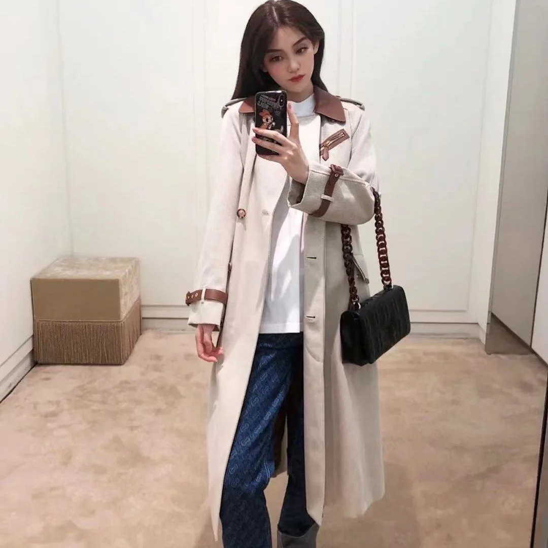 

Женский кожаный тренчкот SHZQ, контрастный тренчкот в английском стиле на осень и зиму