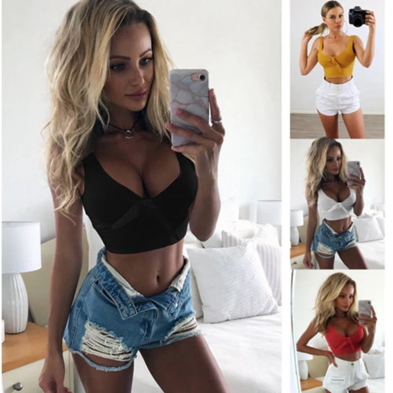 Женская летняя пикантная повседневная короткая футболка без рукавов с вырезом