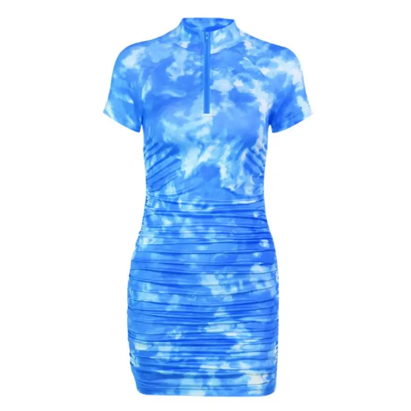 

2020 Women Short Sleeve Ruched Bodycon Mini Dress Tie-Dye Turtleneck Zip Up Clubwear