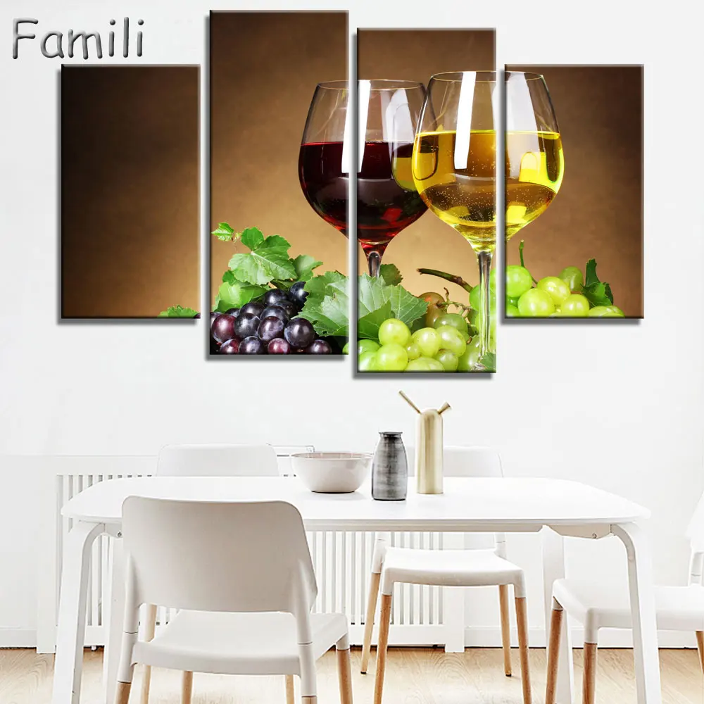 

Модульная картина, 4 шт., картина в рамке с изображением вина, винограда, десерта, настенное искусство, Современное украшение для кухни, ресто...