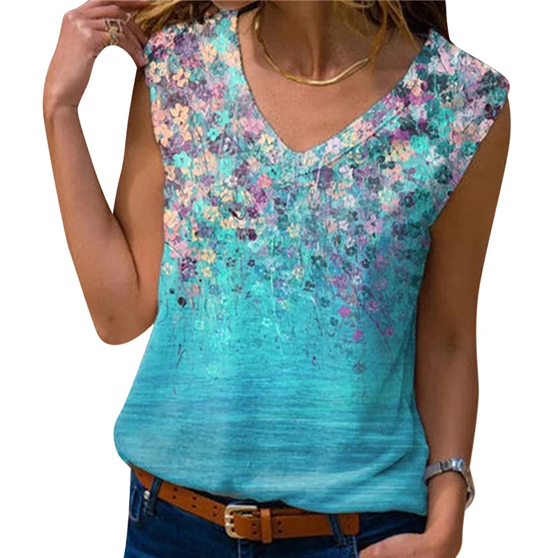 

Fashion Flower Print Shirt Casual Spring Summer Sleeveless Pullover Tops Elegant Women V-Neck Blouse Streetwear Plus Size