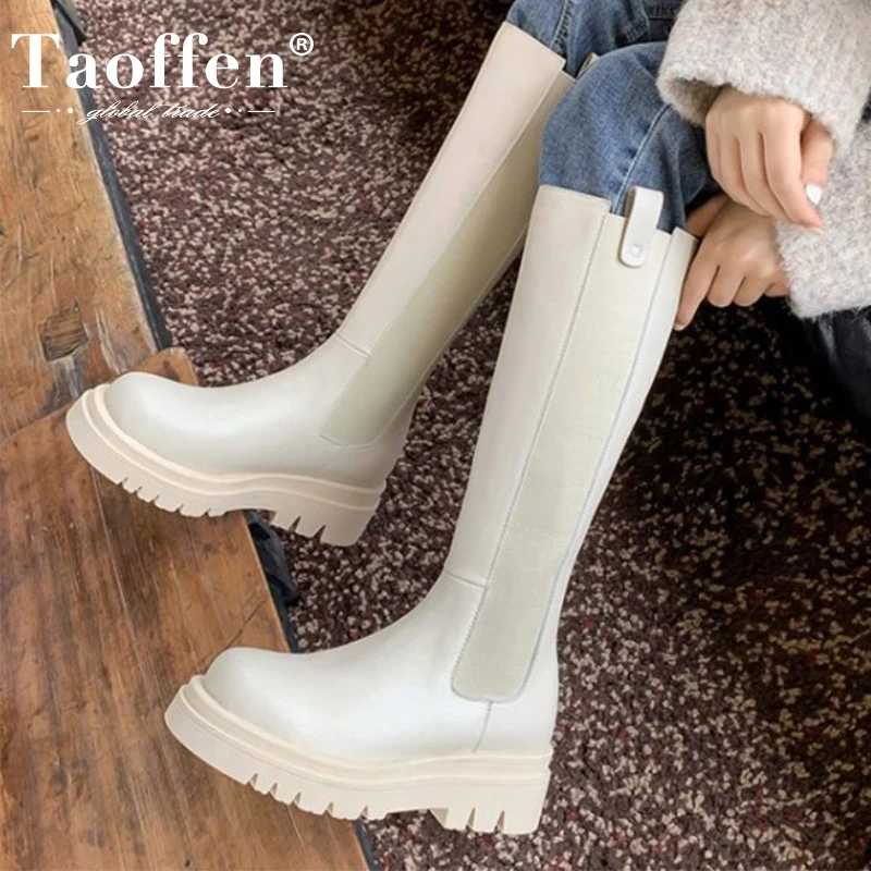 

Женские сапоги до колена Taoffen, зимние сапоги из натуральной кожи на толстой подошве, модные высокие сапоги, размеры 34-40
