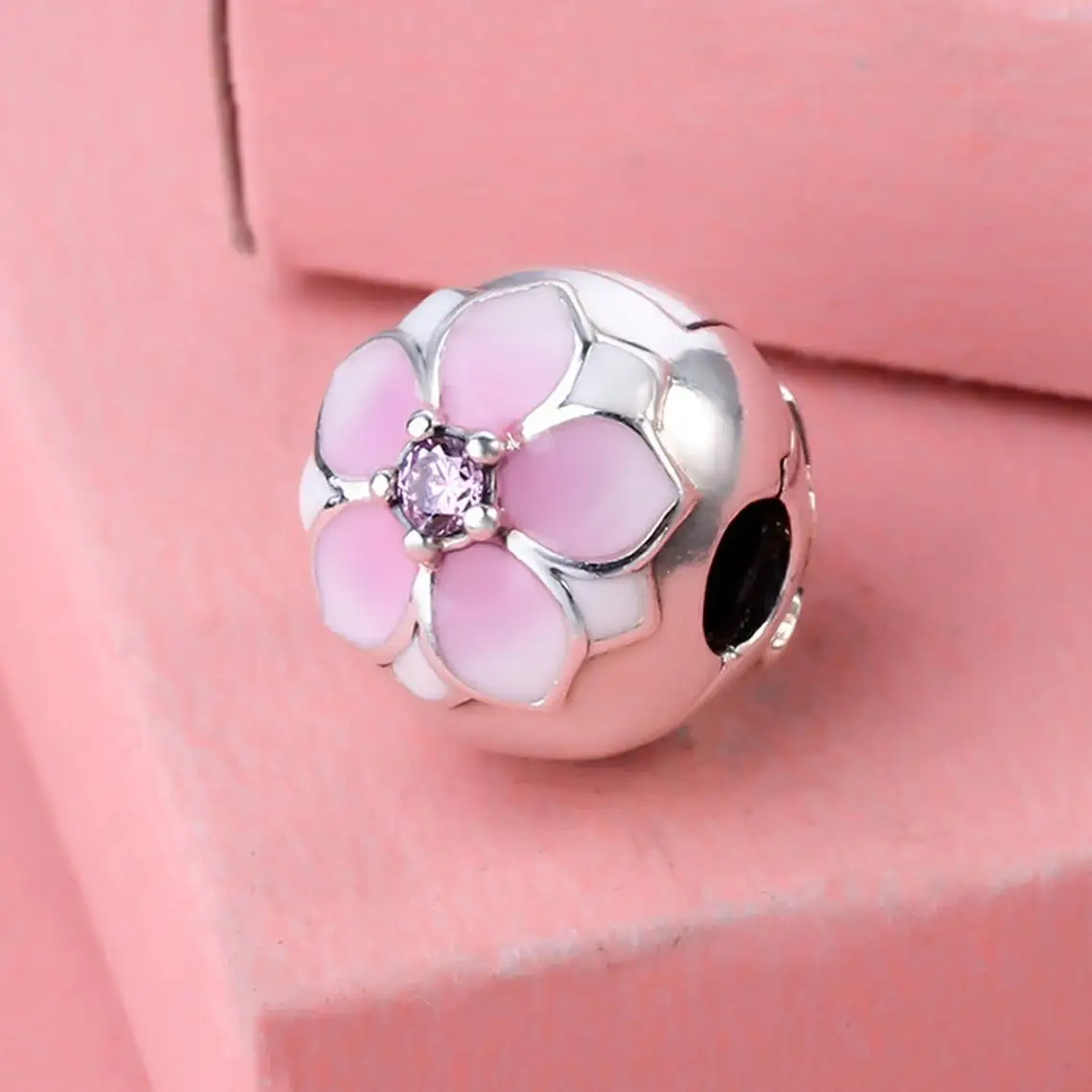 

925 Sterling Silver Magnolia Bloom Enamel & Pink CZ Clip Charm Bead Fits All European Pandora Jewelry Bracelets Necklaces