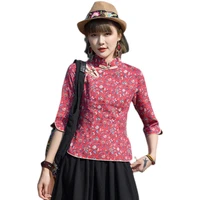2021 new spring summer women slim shirt high quality retro floral print improved cheongsam cotton linen shirt women tops