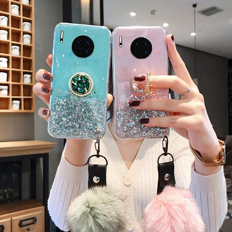 

Case for Honor 10X 10 Lite Cases Glitter Silicon Honor 10i 20 30S Phone Cover Mate 20 10 Lite 30 40 Pro Plus Holder+Fur Ball Bag