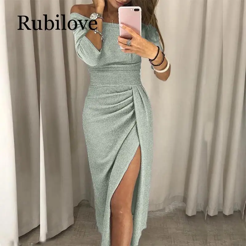 Rubilove, Сексуальные вечерние платья с открытыми плечами, женское облегающее платье с высоким разрезом, Осеннее яркое шелковое блестящее платье с рукавом три четверти