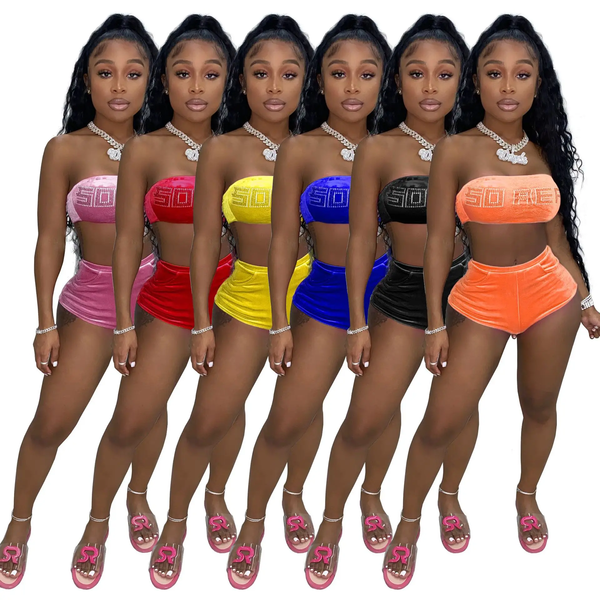 

Letter Diamond Strapless Crop Top Shorts Set Two Piece Set Yoga Suit Velvet Tracksuit Skinny Bodycon Sportwear Jogger
