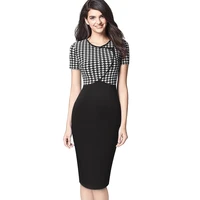 dress short sleeve women 2021 new spring and summer houndstooth fashion stitching temperament commute slim slimming pencil skirt