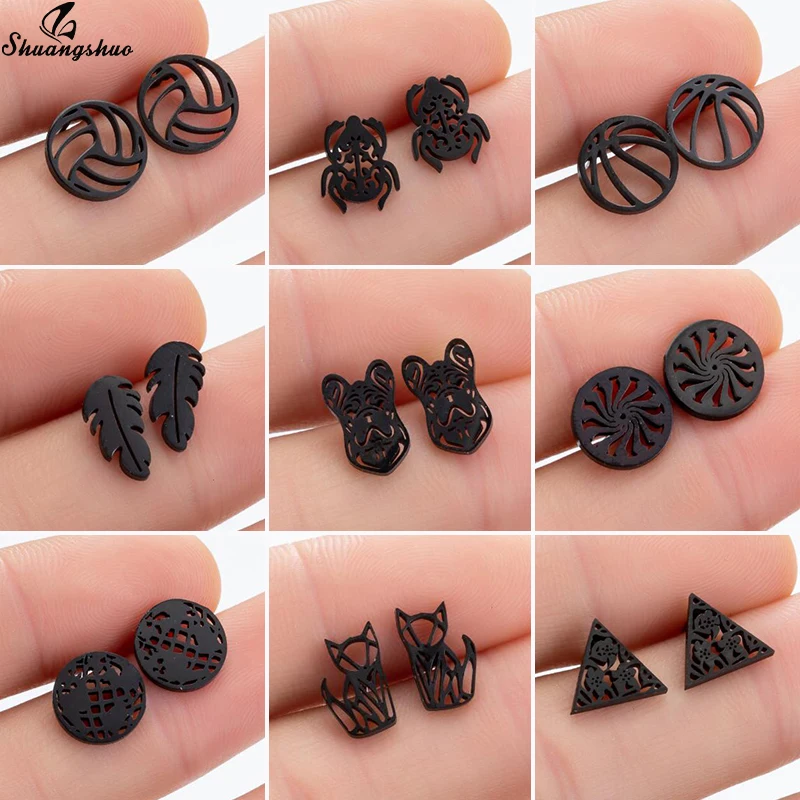 Shuangshuo Black Earrings Punk Fashion Stainless Steel Stud Animal Geometic World Map Earings Women Men Mini Jewelry | Украшения и