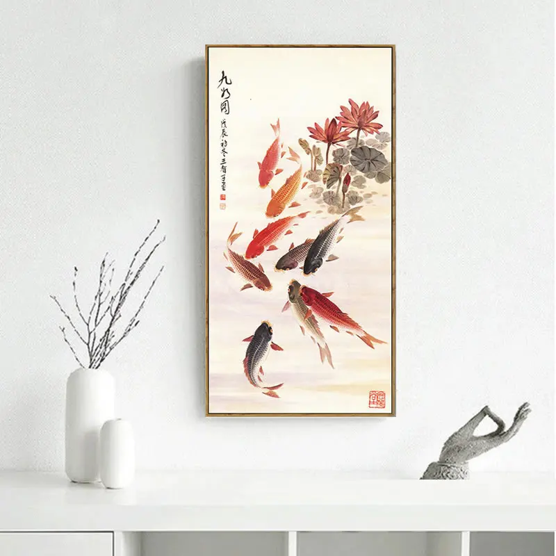 Традиционная китайская живопись картина большой цветок кои лотос девять рыб
