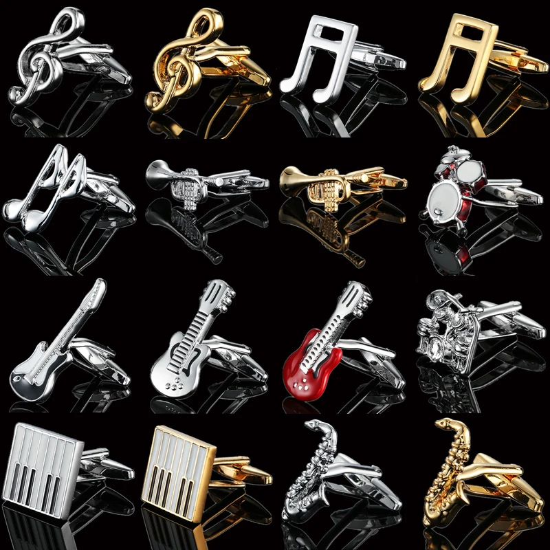 

French Cufflinks Guitar Recorder Microphone Trumpet Music Design Musical Note Cuff Links Piano Bass Cuffs gemelos bouton for man