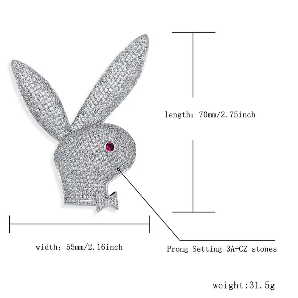

JINAO Fashion Hip Hop Long Ear Rabbit Head Pendant Iced Out Cubic Zirconia Necklace Copper Material Hip Hop Jewelry Gift