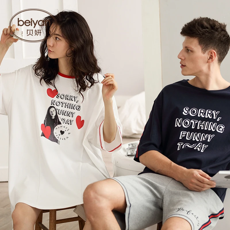 Летние хлопковые пижамы с короткими рукавами для пар костюм отдыха | Женская