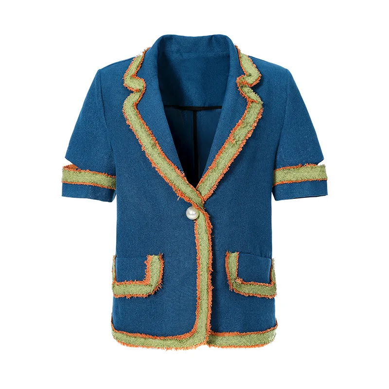 

Chic Contrast Color Loose Retro Mini Blazers High Waist Turn Down Jacket Female Summer Women Short-sleeved Suits Coat Crop Tops