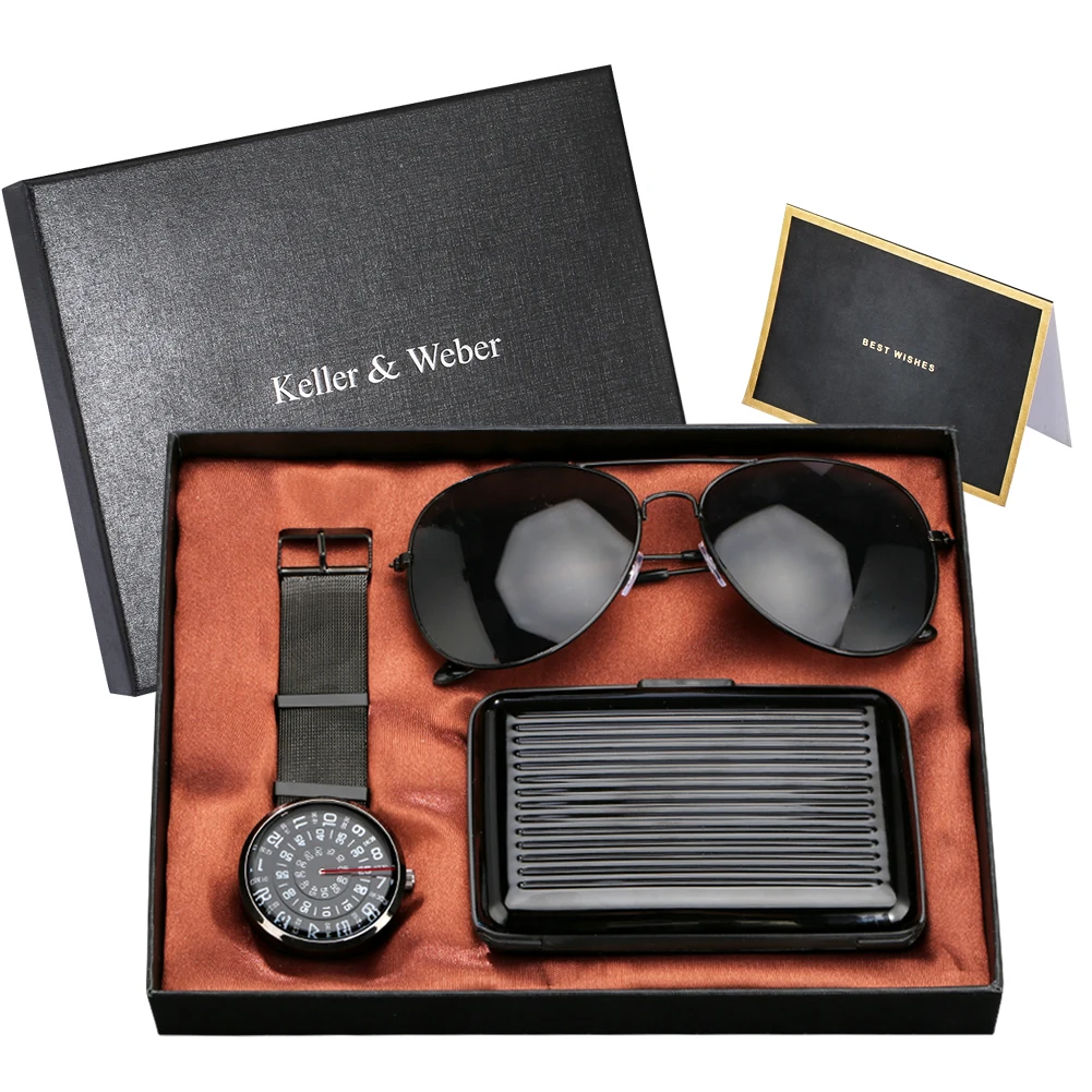 

Quartz Watches Men's Gift Set Credit Card Case Fashion Sunglasses with Box Men Wristwatch Best Gifts for Boyfriend Lover