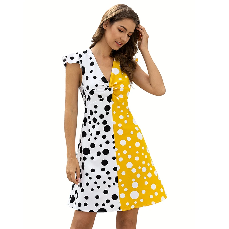 Женское Короткое платье в горошек с V образным вырезом и коротким рукавом|Женские