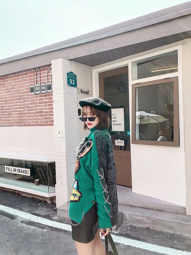 QING MO Green Women Cartoon Printed Sweater 2021 Turtleneck Knitted Female Patchwork ZQY6349 | Женская одежда