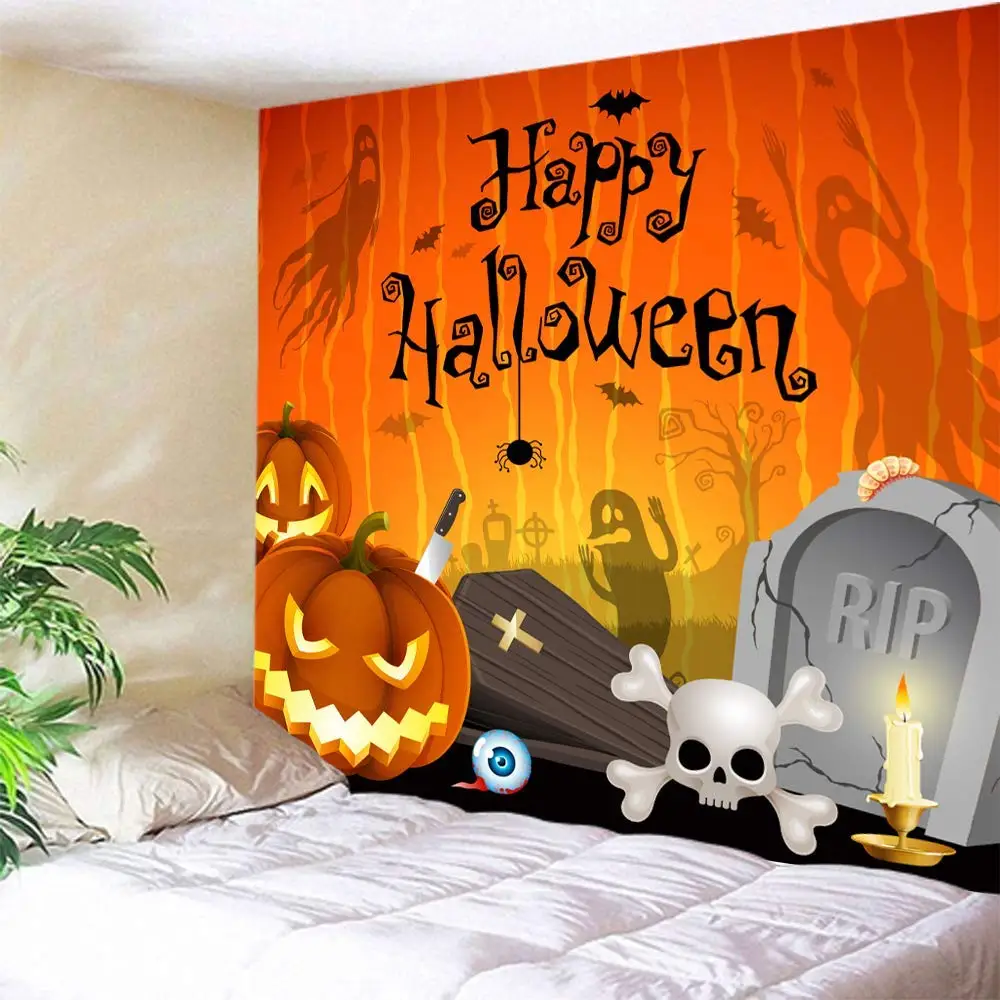 Настенный оранжевый гобелен на Хэллоуин с тыквой надгробием черепом для