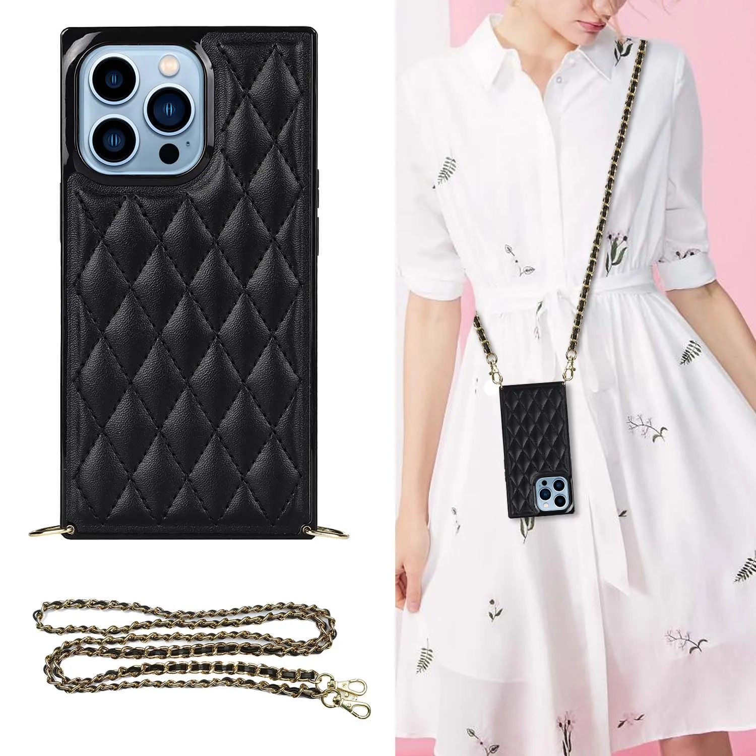 

Fashion Necklace Crossbody Case for iPhone 13 Pro Max Adjustable Lanyard Strap Premium PU Leather Phone Cover for iPhone 13 Mini