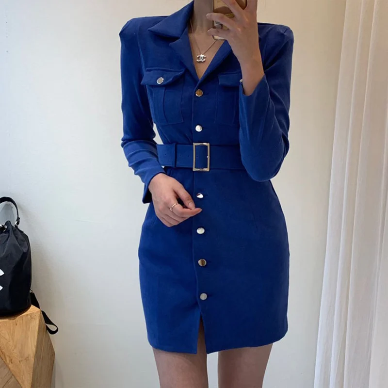 Trytree Autumn Winter Women Casual Dress Turn-down Collar Single Breasted Pockets Belt 5 Colour Slim fit Fashion Mini Dress - Цвет: Dark blue