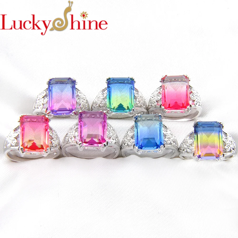 

LuckyShien 7 Pcs/Lot Colored for women Jewelry Rings Retro Square 925 Silver Bi colored Tourmaline Cz Silver Rings Set