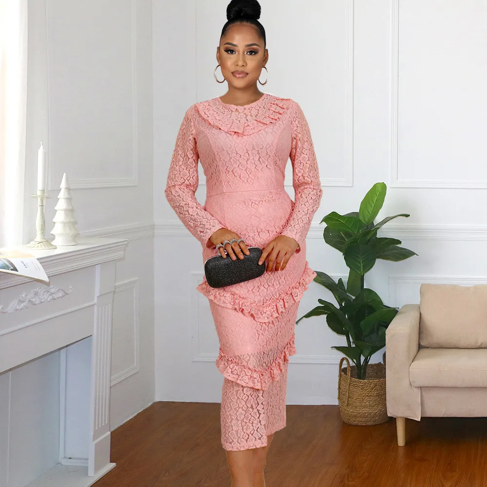 

Long Sleeve Round Neck Pleated Mid-Calf Pullover Women's Dress Solid Color Lace Office Party Style Fashion Female Dress