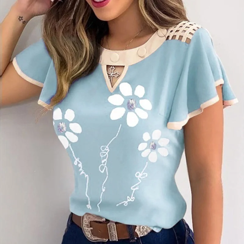 

Chic Elegant Flower Print Short Sleeve Chiffon Blouses 2021 Womens Tops Blouses Streetwear Slim Shirts Blusas Femininas Elegante