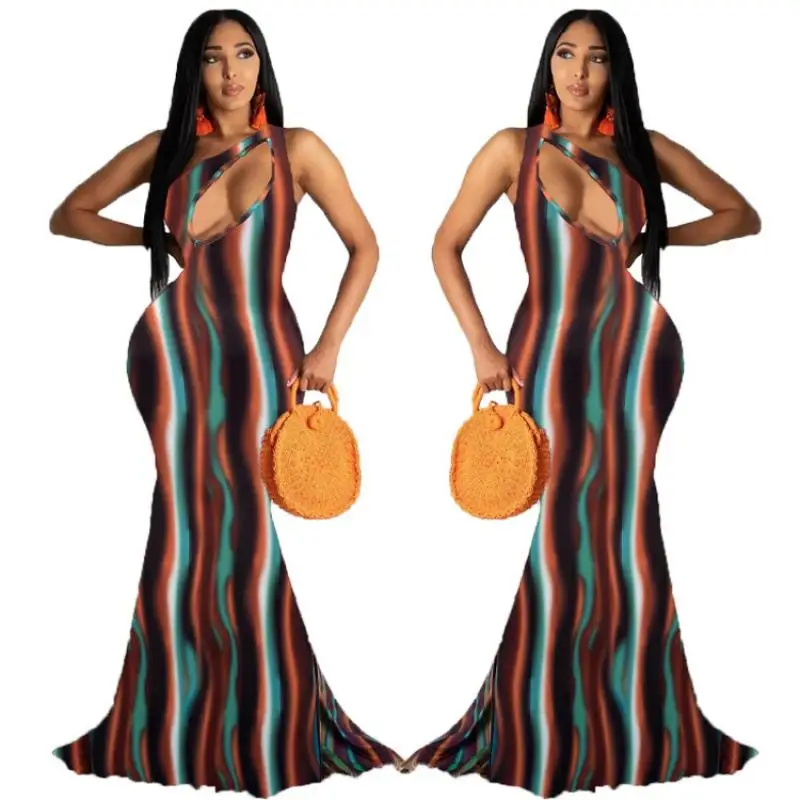 

2021 Autumn and Summer New Style Printed Hollow Ladies Dress Sexy Hollow Printed Loose Mid-Length Skirt