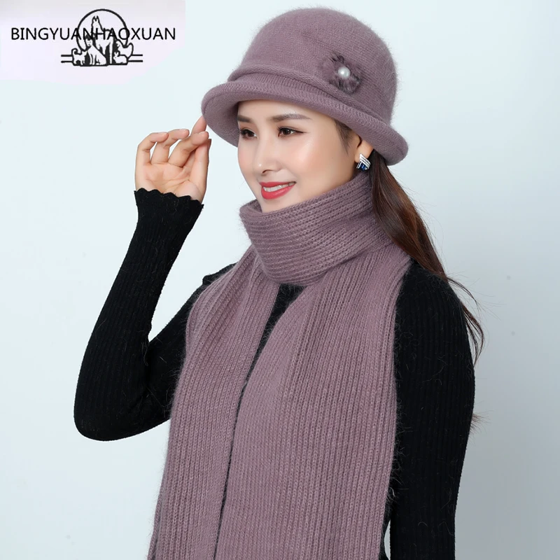 Новый Для женщин шляпа для мамы Комплект зимний шарф шапка комплект кроличий мех