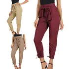 Брюки-карандаш женские однотонные с завышенной талией и бантом на поясе