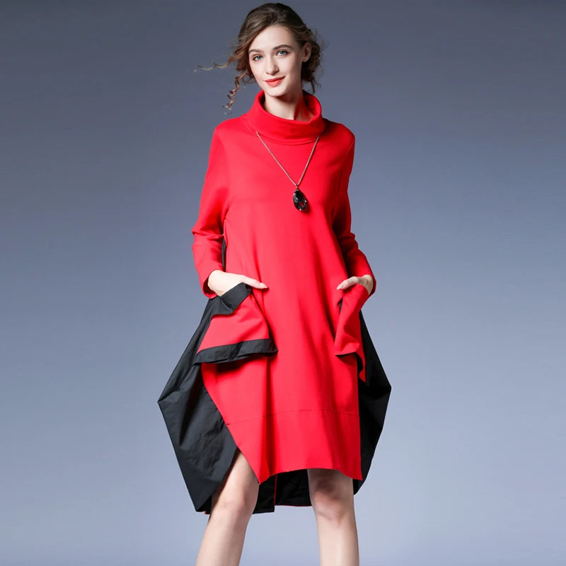 2020 Новое свободное платье с длинным рукавом и высоким воротником женское средней