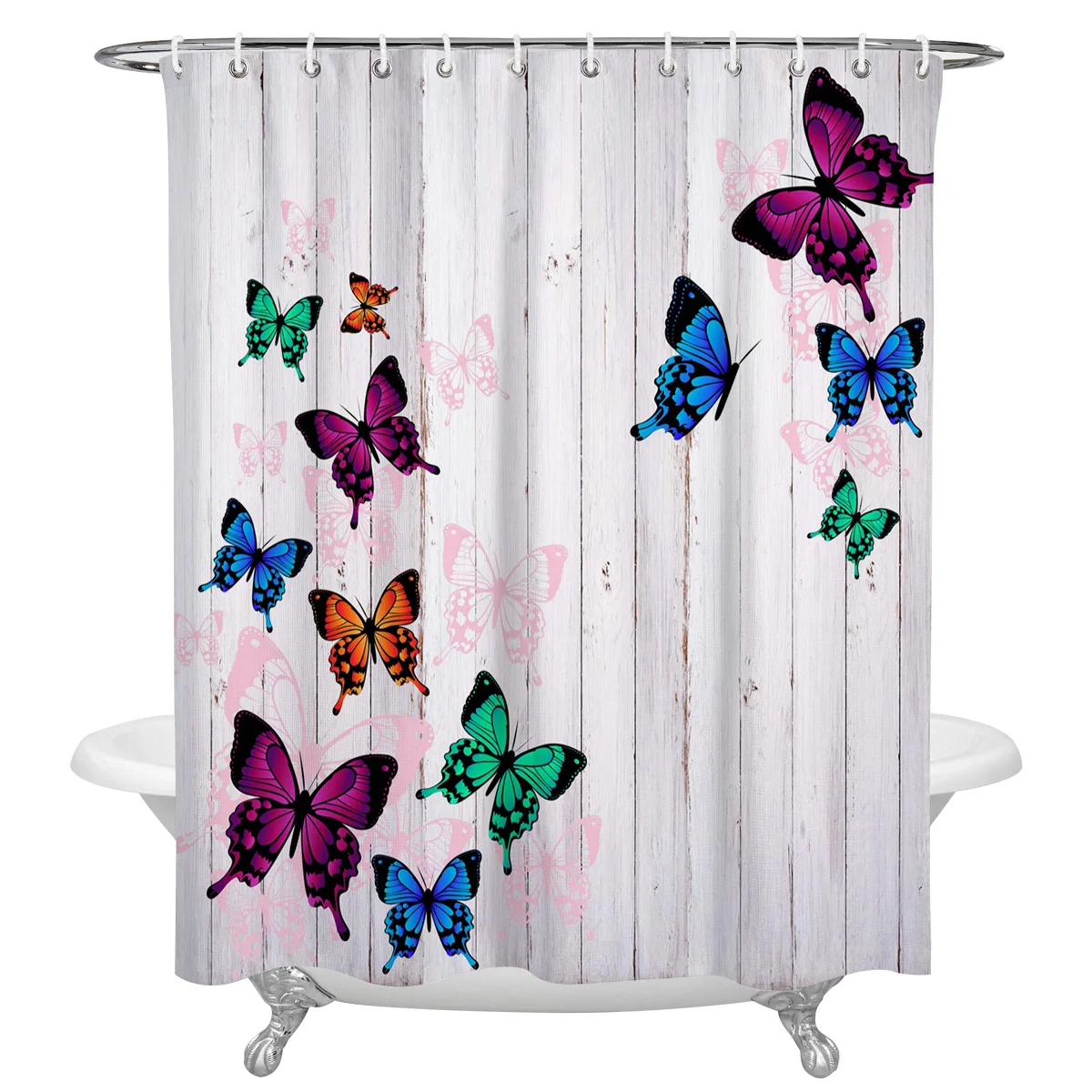 

Wood Grain Retro Colorful Butterfly Bathroom Shower Curtain Polyester Fabric Waterproof Shower Curtains with Hooks