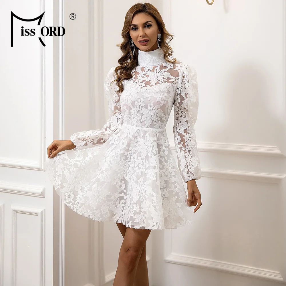 

Missord Sexy Women Long Sleeve High Neck Mini Dress Bodycon Lace Dress Solid Color See Through Party Dress Vestidos M01003-1
